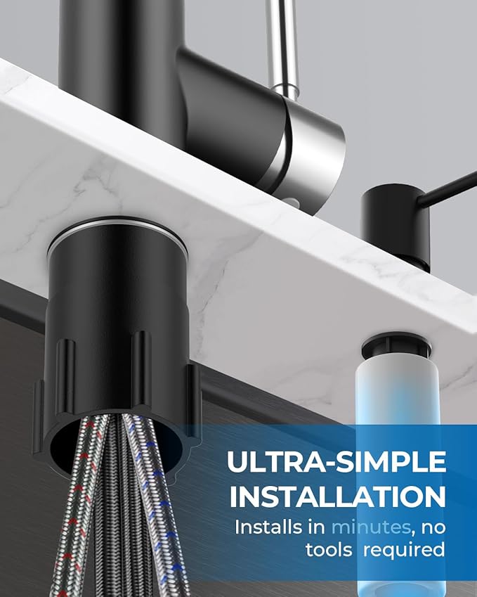 WEWE Kitchen Faucet with Soap Dispenser and Pull Down Sprayer RV Single Handle Classic 3 Modes Stainless Steel Faucet for Kitchen Sink RV Black and Polished Chrome