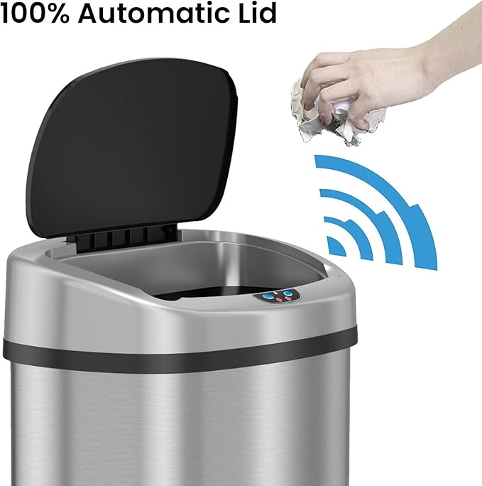 iTouchless Automatic Oval Trash Can with 4 Odor Filters Big Lid Opening Touchless Sensor Kitchen Trash Bin 13 Gallon Stainless Steel