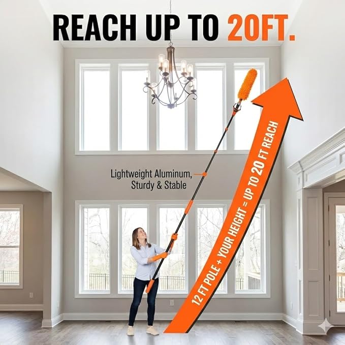 20FT Light Bulb Changer for High Ceilings 10PCS Extension Pole Kit with 360° Adjustable Bulb Grabber Ceiling Fan Duster &amp Window Cleaner No Ladder Needed