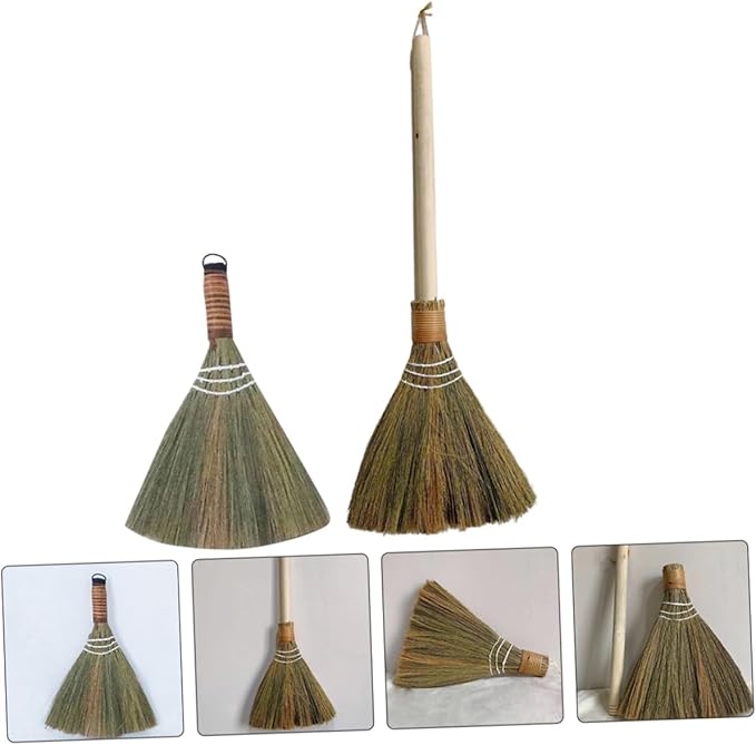 Unomor 2pcs Hand Woven Bamboo Broom for Home and Office Cleaning Compact Dust Removing Brooms with Handle for Desktop and Tight Spaces