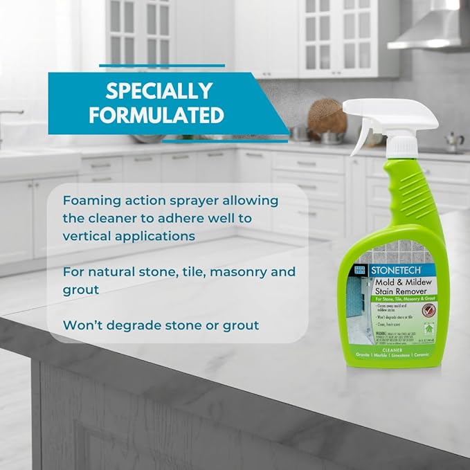StoneTech Mold and Mildew Stain Remover Cleaning Kit | Kitchen Patio Shower and Bathroom Cleaner for Natural Stone Tile and Grout 2-Pack 24-Ounce Spray with Microfibers and Crevice Brushes
