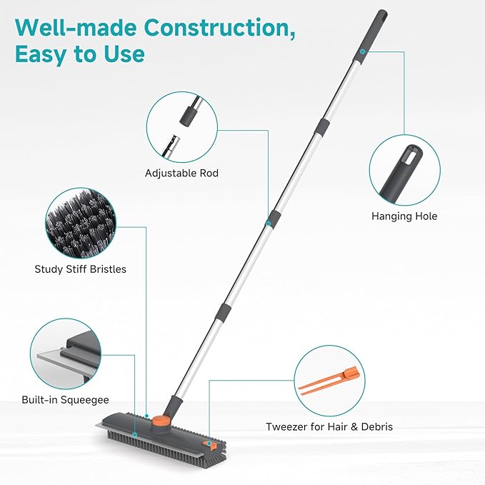 Floor Scrub Brush with Long Handle Length Adjustable 3 in 1 Heavy-Duty Stiff 90° Bristle Floor Scrubber Broom with Squeegee Cleaning Brush for Bathroom Garage Kitchen Tile Deck &amp Patio (Gray