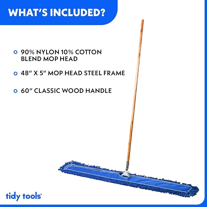 Commercial Floor Sweeper 48 in. Reusable Mop Head Wooden Handle Industrial Dry Mop for Hardwood Floors Blue
