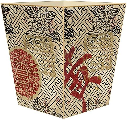 Marye-Kelley- Asian Fret Wastepaper Basket Wastebasket Decoupage Wood Decorative Wastebasket for Kitchen Bathroom Bedroom Living Room Handmade Made in The USA