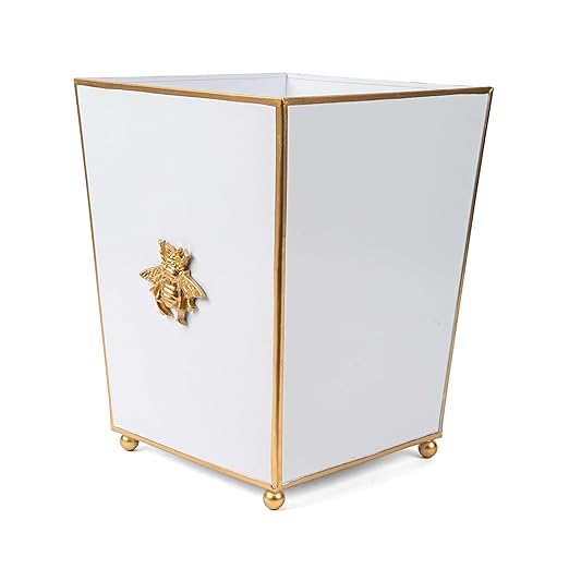 Jaye's Studio Regency Line Square Wastebasket &amp Garbage Bin Hand-Painted Metal Trash Bin for Bedroom Office Bathroom 9 x 9 x 12 (White Gold Bee)