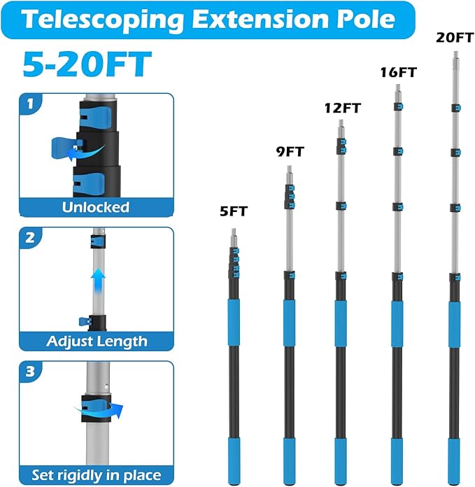 26FT Reach Cobweb Duster with Extension Pole - Spider Web Brush for Cleaning with 5-20FT 4-Section Flip-Lock Telescopic Pole Effortlessly Cleans High Indoor &amp Outdoor Webs