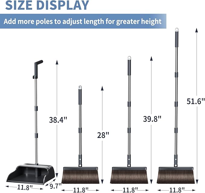 Broom with Dustpan Combo Set Broom and Dustpan Set with 51.6 Long Handle &amp Two Broom Heads Brooms with Dust Pan Teeth for Pet Hair Indoor&ampOutdoor Sweeping Home Kitchen Office