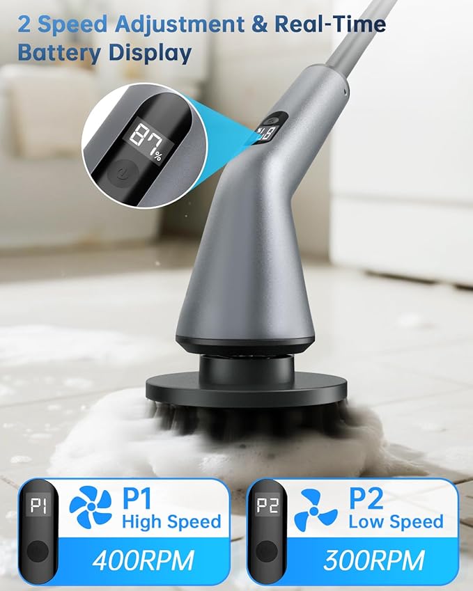 VICNOVA Electric Spin Scrubber IPX7 Waterproof 2-Speed Extendable Long Handle Cordless Cleaning Brush with 7 Replacement Brush Heads for Bathroom Shower Bathtub Glass Tub Tile Floor Car