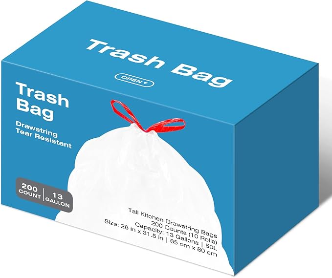 13.2 Gallon Tall Kitchen Drawstring Trash Bags 200 Count Pre-separated Garbage Bags Unscented Leak Proof Waste Bag for Kitchen Office Home