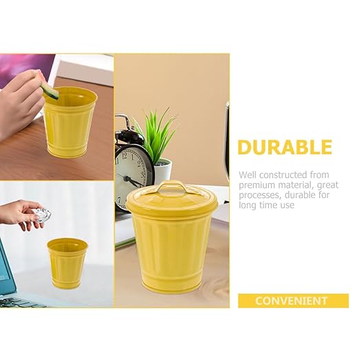 5pcs Mini Desktop Trash Cans with Lid 9cm Diameter Yellow Iron Tiny Garbage Bins Decorative Small Wastebaskets for Office Bedroom Living Room Storage