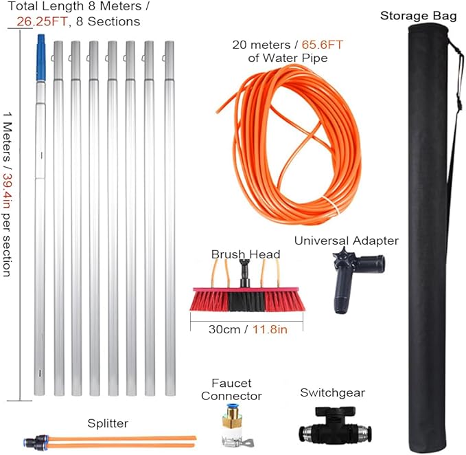Window Cleaning Water Fed Pole KitOutdoor Reach Solar Panel Cleaning Brush with 20m Water PipeAdjustable Cleaning Tool with Aluminum Extension Pole for Roof Window Glas(Size:8M/26FTColor:30cmBrush)