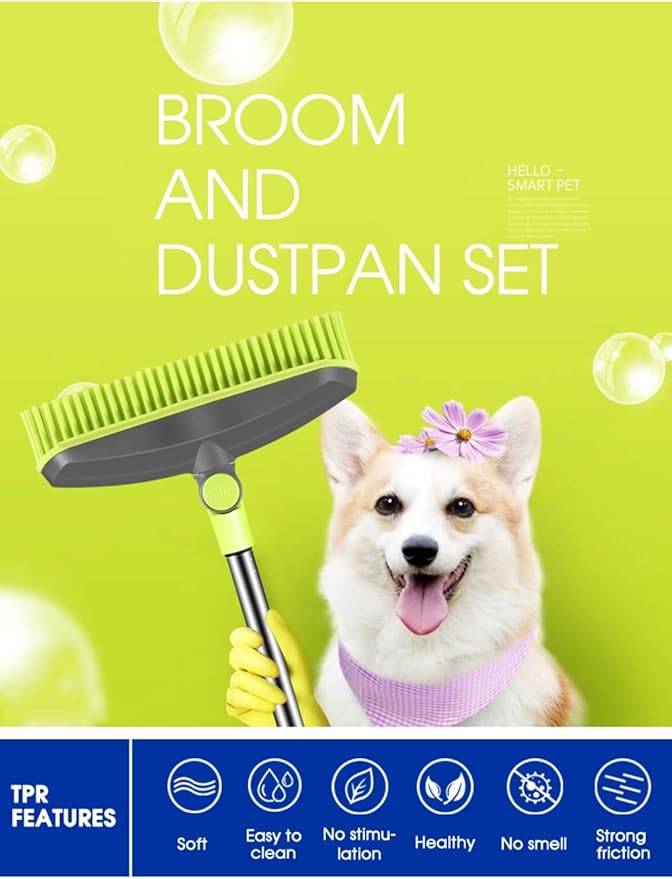 Adjustable Rubber Push Broom and Dustpan SetSelf Cleaning Indoor Outdoor Angle Brooms with Dust pan for HomeLong Handle for Floor Sweeping KidsCarpet Dog Cat Pets Offices Use