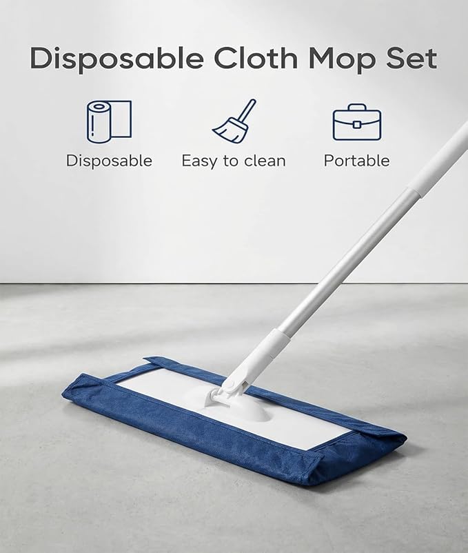 Disposable Dust Mop 28/36in No Wash Lazy Mop Wet and Dry Snap Grip Mini Mop 360° Zero Touch Mini Mops Convenient Automatic Cloth Changing Mops with 5 Reusable Cloths for Home (White 28in)