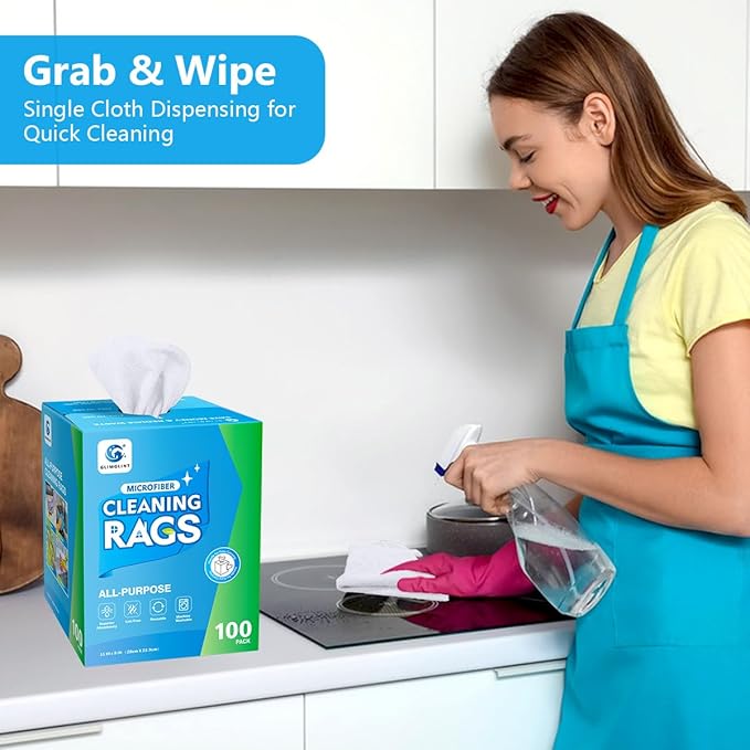 GLIMGLINT White Microfiber Cleaning Cloth 100 Pack Cleaning Rags Lint-Free Ultra Absorbent Reusable Paper Towels for Home Kitchen Car Garage or Shop Dish Rags 11 x 9