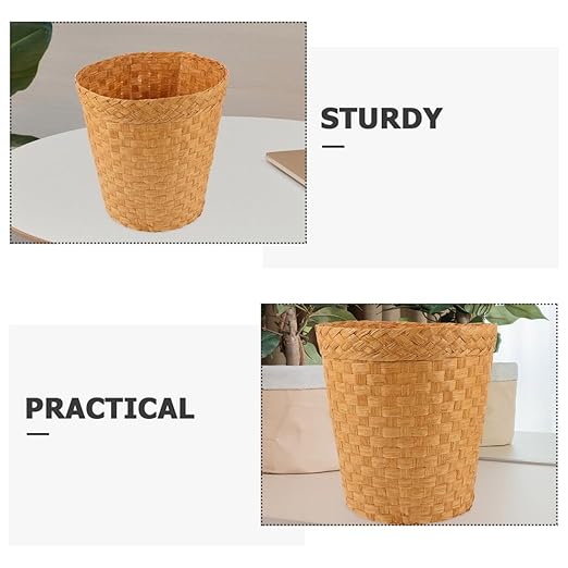 Wicker Trash Can - Woven Wicker Waste Basket Round Rattan Waste Paper Bin Office Garbage Can Rubbish Basket Laundry Hamper for Kitchen Home Office