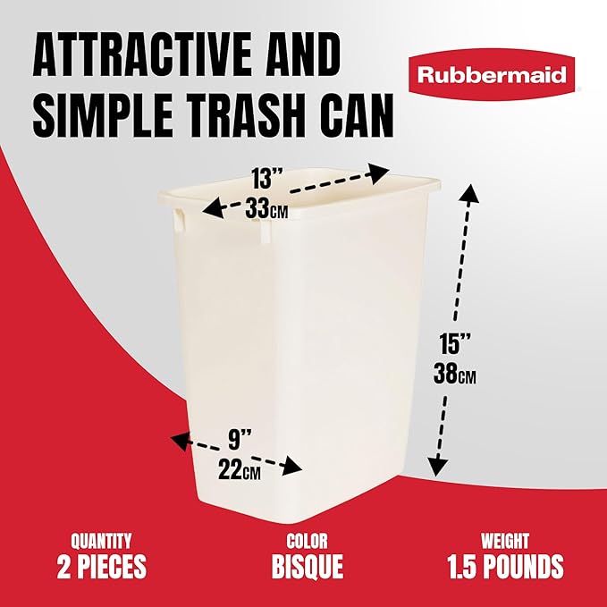 Rubbermaid 21 Quart Traditional Rectangular Plastic Open Wastebasket Trash Can for Kitchen Bathroom and Home Office Bisque (2 Pack)