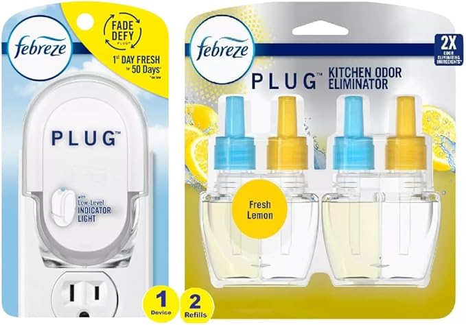 F.e.b.r.e.z.e Plug in Air Freshener Odor-Fighting Scented Oil Starter Kit Air Fresheners for Home and Bathroom and Kitchen Long Lasting for Strong Odors Warmer + 2 Refill (Fresh Lemon)