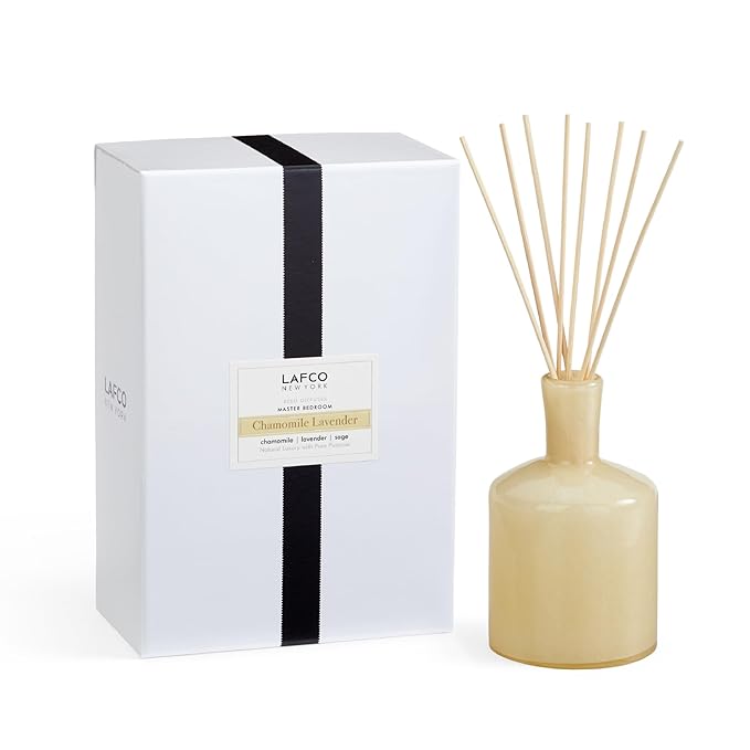 LAFCO New York Signature Reed Diffuser Chamomile Lavender - 15 oz - Up to 9 Months Fragrance Life - Reusable Hand Blown Glass Vessel - Natural Wood Reeds - Made in The USA