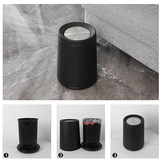 10L / 2.6Gal Metal Black Trash Can with Swing Lid Modern Brass Garbage Can with Removable Inner Decorative Unique Waste Basket for Bathroom Bedroom Office Hotel (Black)
