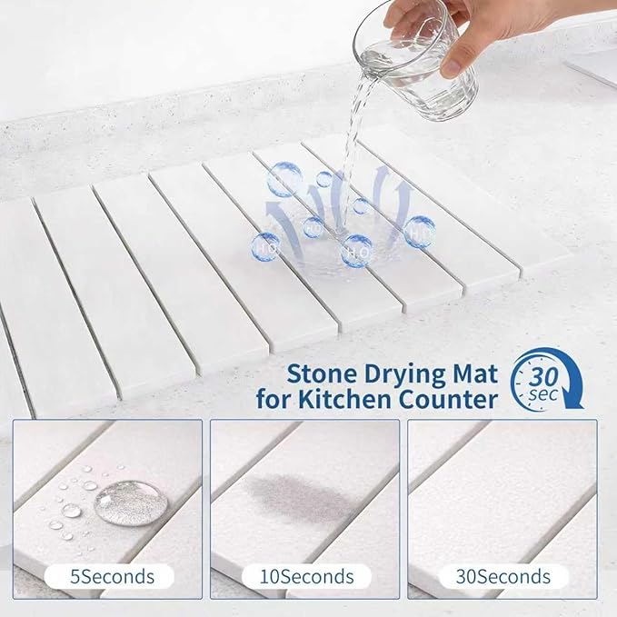 Hopegiver Stone Drying Mat for Kitchen Counter 24 x 16 Quick Dry Diatomaceous Earth Dish Drying Mat Super Absorbent Non-Slip &amp Foldable Modern White Countertop Mat (White24''x16'')