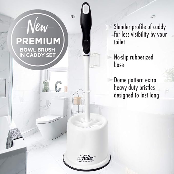 Fuller Brush Toilet Bowl Brush in Caddy Set – 16-Inch Long Handle – Heavy Duty Dome Tufted Bristles Rubberized Non-Slip Grip Bathroom Rim Trap Cleaner (Pack of 2)