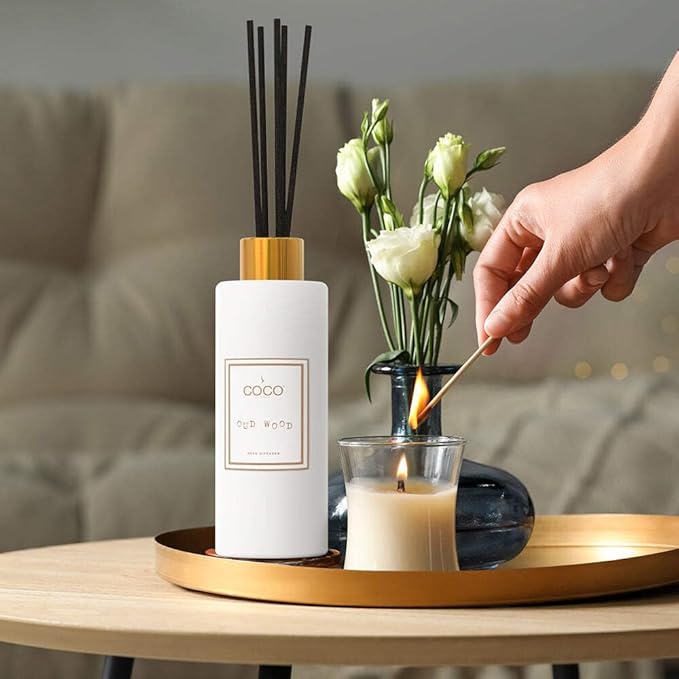 COCO by Stone 5oz Reed Diffuser (Oud Wood) – Luxury Scented Oil Diffuser for Home Aromatherapy Long-Lasting Vegan Fragrance Elegant Home Décor and Air Freshener