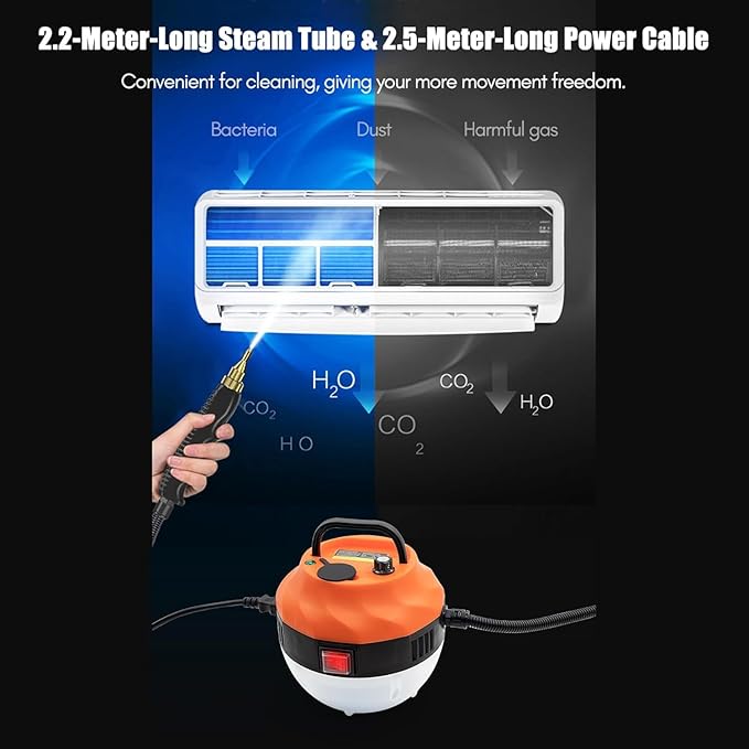 Steam Cleaner 2500W High Pressure Steam Cleaner for Home Steamer for Cleaning with 3 Brush Heads 2 washers and Extended Rod Handheld Steam Cleaner for Upholstery Kitchen Bathroom (Orange)