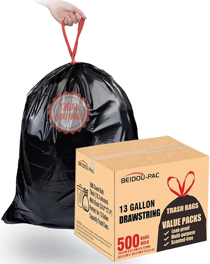 13 Gallon Trash Bags Drawstring 500 Count Bulk Value Pack Black &amp Unscented Garbage Bags Multi-purpose Tall Kitchen Trash Bags Can Liners for Business Home Commercial and Industrial