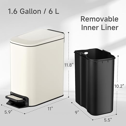 TIPGO Slim Bathroom Trash Can with Lid Soft Close 6 Liter / 1.6 Gallon Stainless Steel Garbage with Removable Inner Bucket Small Trash Bins for Bedroom Office (Cream)