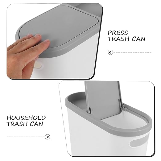 Plastic Trash Can with Press Lid Narrow Household Garbage Bin for Kitchen and Bathroom White-Grey Covered Wastebasket for Small Spaces