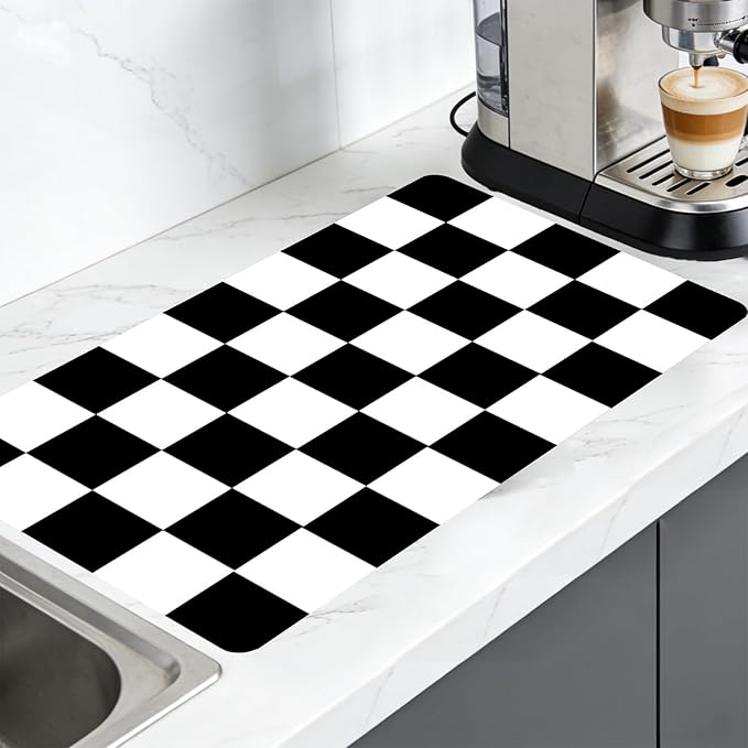 Nuxovilar Coffee Bar Mat Natural Rubber &amp Canvas Fabric 16.92 x 31.1 Checkered Coffee Bar Accessories Protective Mat Home Kitchen Countertop