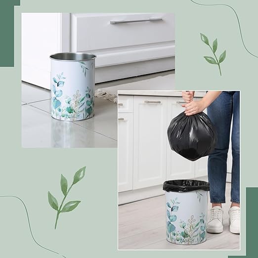 LemonRoad 2 Pack Eucalyptus Leaves Wastebasket Metal Trash Can Small Decorative Garbage Can for Bedroom Bathroom Nursery Daycare Kitchen Laundry Room Offices Home 1.50 Gallons 7.7 x 7.7 x 9.4 Inches