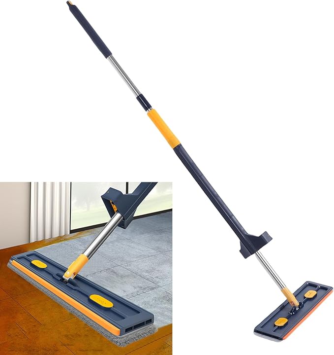 Yinhing Flat Mop System with 6 Reusable Microfiber Pads Stainless Steel Handle Efficient Dewatering Scraper Ideal for Floor Types Dark Blue Design for Home and Office (Dark Blue+6 Microfiber
