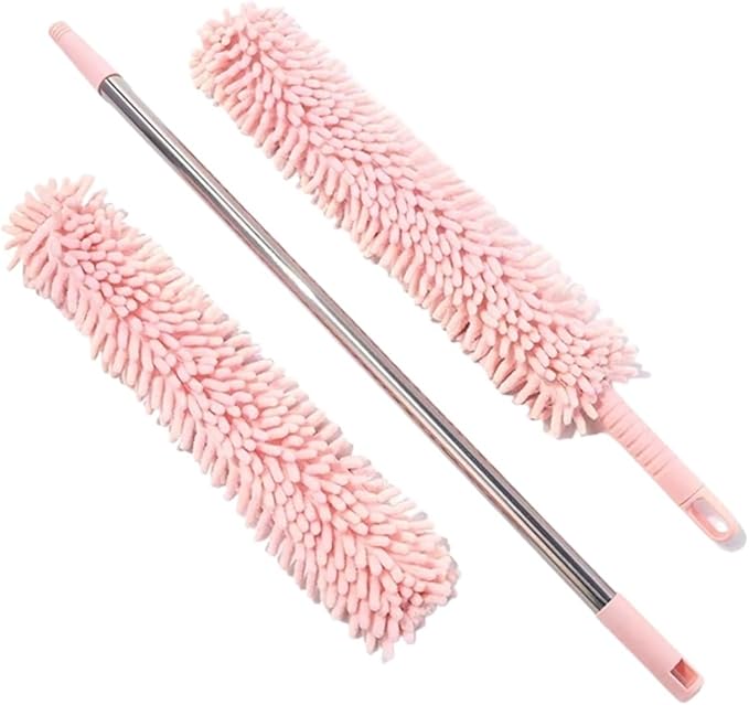 Extendable Pole Microfiber DusterHand Washable Dusters with 2pcs Replaceable HeadHousehold Sweeping Cleaning Dusting for Cleaning Car Window Furniture OfficeCeiling Fan ﻿(Pink)