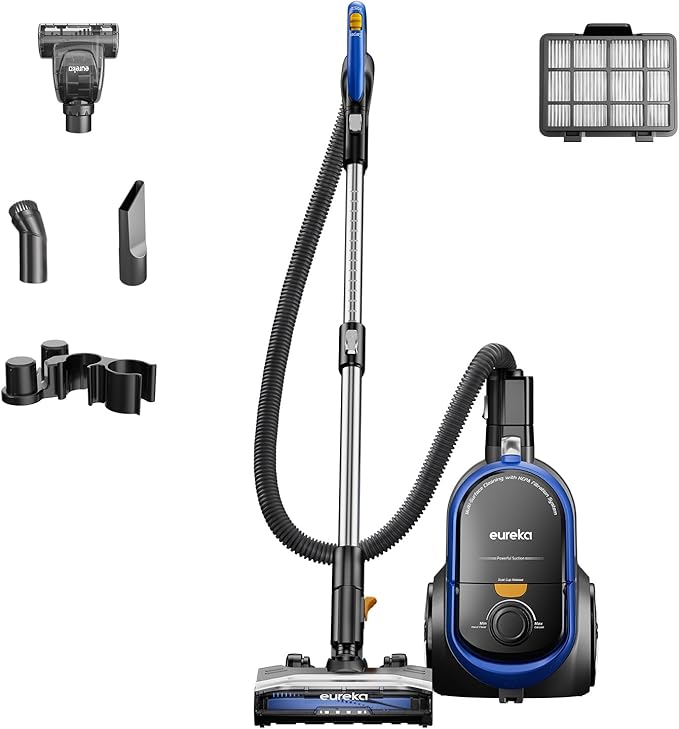 Eureka Bagless Canister Vacuum with Washable HEPA Filter 16KPA Suction for Carpets/Hard Floors Compact Design with 3 Cleaning Tools 2-Motor Household Vacuum Lightweight and Easy Maneuverable