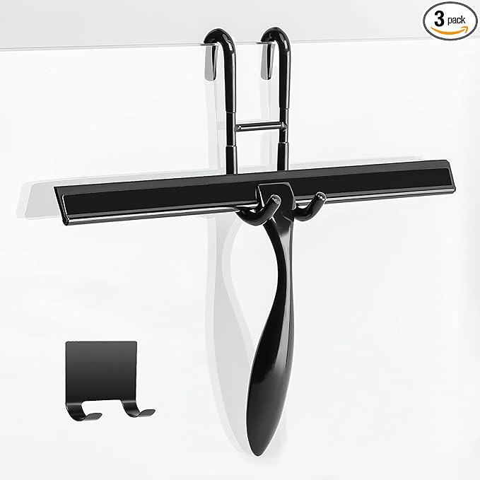 Simtive 12-Inch Shower Squeegee Set Includes Shower Door Hook and Adhesive Hook Squeegee for Shower Doors Mirror and Window Black