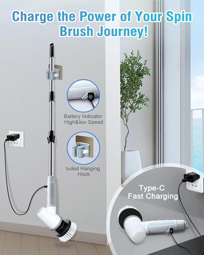 Electric Spin Scrubber Bathroom Scrubber - Cordless Shower Scrubber with Adjustable Handle 2 Speeds Bathroom Scrubber with 8 Replaceable Brush Heads Power Scrubber for Bathroom Bathtub Cleaning