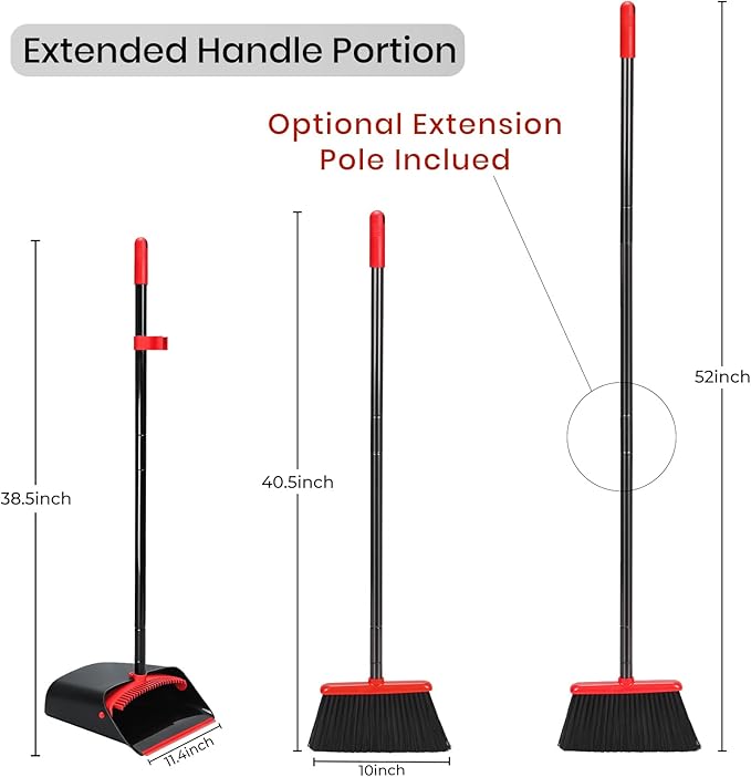 TreeLen Dust Pan and Broom/Dustpan Cleans Broom Combo with 52 Long Handle for Home Kitchen Room Office Lobby Floor Use Upright Stand Up Broom and Dustpan Set - Black/Red