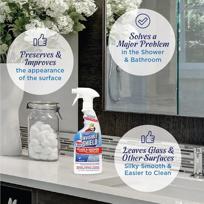 Invisible Shield Protective Glass Shower Coating for Showers Mirrors Windows Tile to Repel Soap Scum and Hard Water Minerals for Easier Cleaning (2 Pack) 16 oz