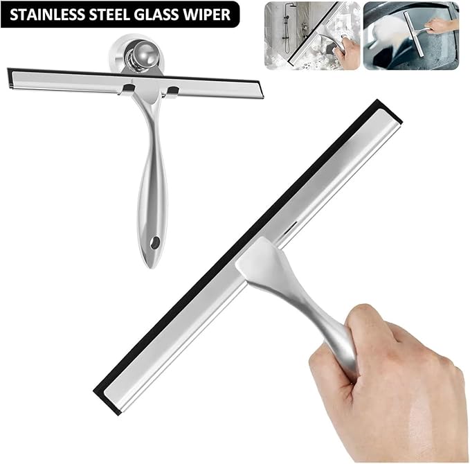 2pcs Stainless Steel Shower Squeegee with Suction Cup Window Glass Multi-Purpose Cleaning Tool