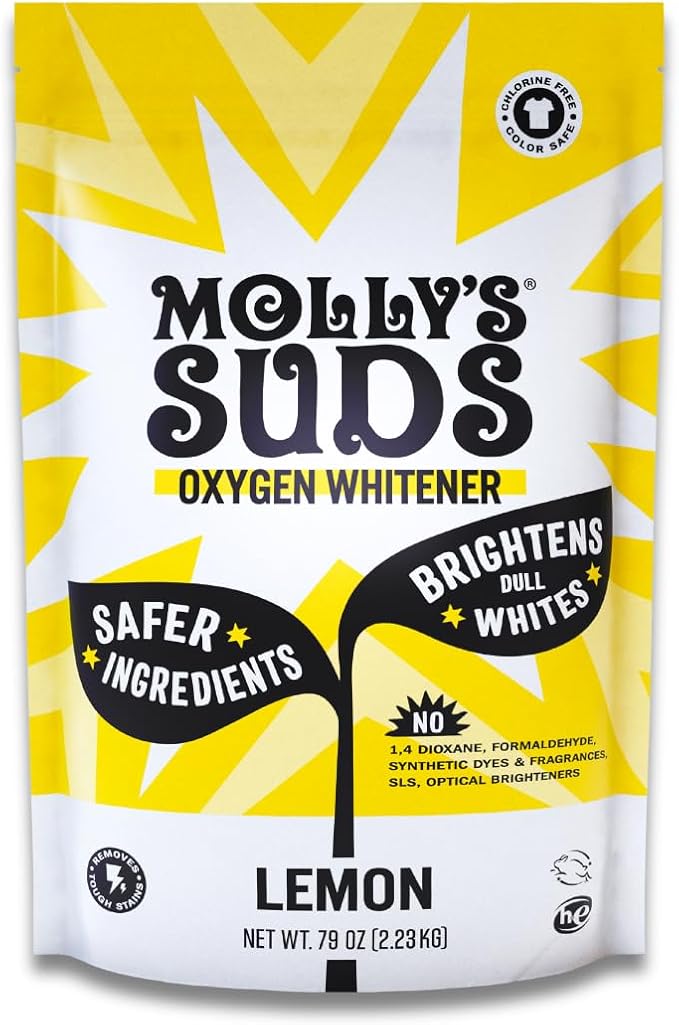Molly's Suds Oxygen Whitener | Powerful Bleach Alternative Chlorine Free &amp Color Safe | Brightens Whites and Removes Stains (Pure Lemon Essential Oil - 79 oz)