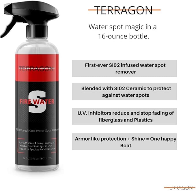 Terragon Fire Water is the first-ever SI02 Infused Water Spot Remover not only does it clean but also protects and leaves behind a brilliant U.V. Inhibitanting SHINE.