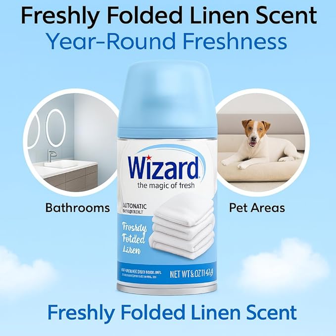 Wizard Automatic Spray Refill – Freshly Folded Linen 5 oz (12 Pack) | Compatible with Air Wick Freshmatic &amp Glade Dispensers | Long Lasting Odor Neutralizer for Home &amp Office