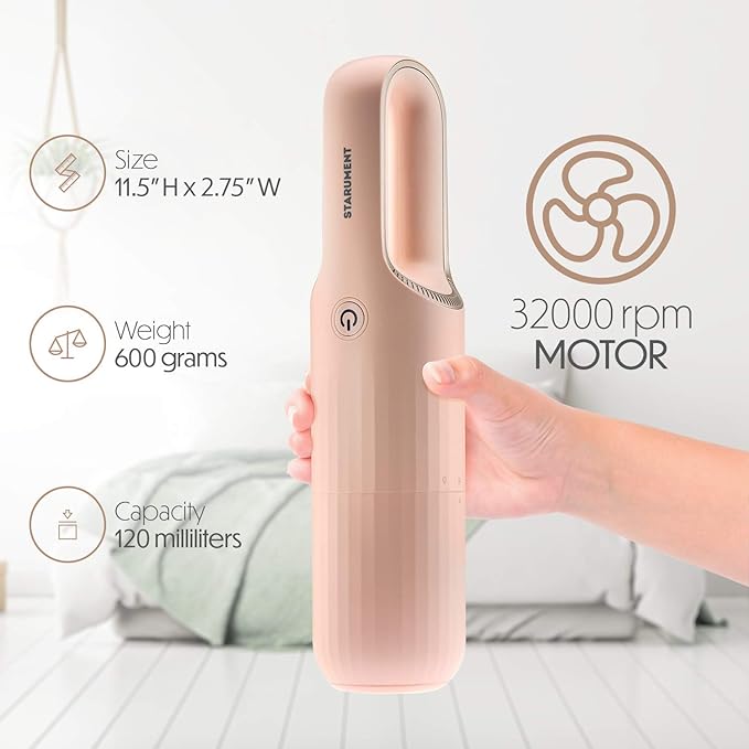 STARUMENT Portable Hand Vacuum Cleaner for Dust Pet Hair Dirt Home Car Interior Furniture Lightweight Easy to Use Compact Design Battery Rechargeable with USB-C Cable Pink