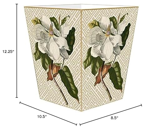 Marye-Kelley WB2688 - Magnolia on Tan &amp White Fret Wastepaper Basket