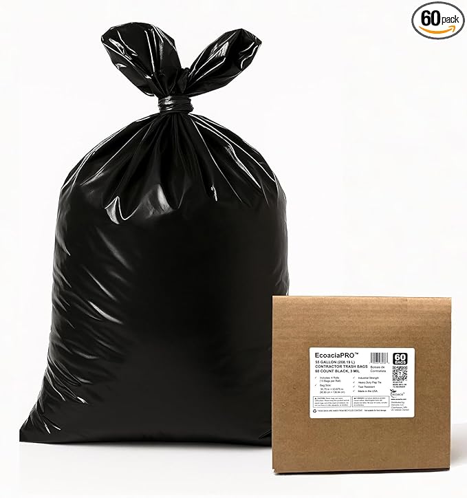 PRO XL 55-Gallon Contractor Extra Tough Heavy Duty Trash Bags (60-Count 3 Mil) – 4 Rolls of 15 in Bulk Box – Industrial Strength for Job Sites and Yard Cleanup – Made in the USA