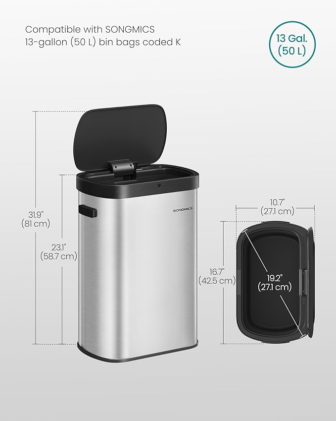 SONGMICS Motion Sensor Trash Can 13-Gallon (50 L) Automatic Garbage Can with Soft Close Lid Stainless Steel Wave or Touch to Open Includes 15 Bags Metallic Silver and Ink Black ULTB640E01