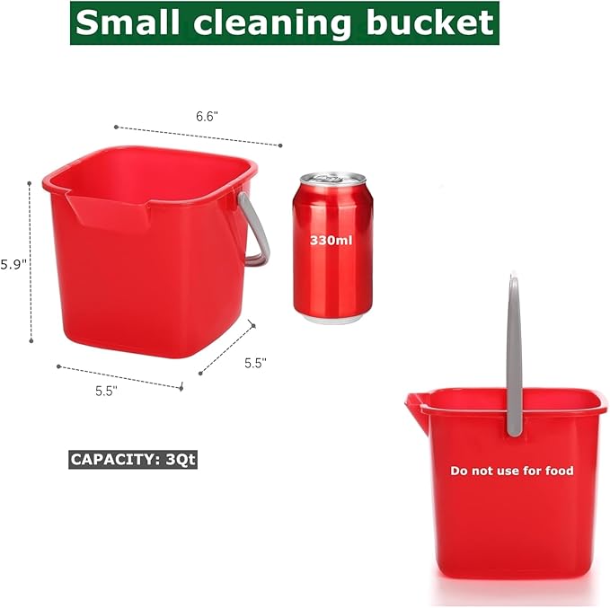 4 Pack Sanitizing Buckets 3 Quart Square Sanitizing Bucket Stackable Small Cleaning Pail with Handle Detergent Buckets for Restaurant Commercial Home Kitchen Office School Red