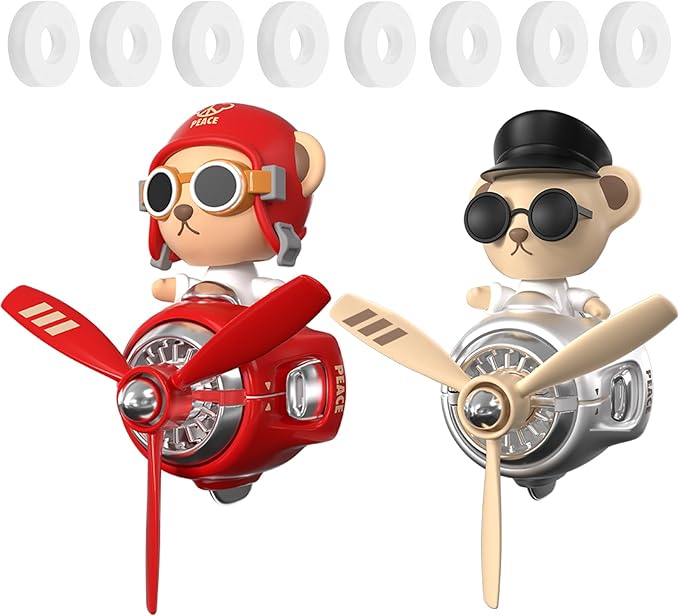 2Pcs Car Air Fresheners Cute Bear Pilot Automotive Air Outlet Creative Car Perfume Diffuser Automotive Accessories Air Vent Decoration with 8 Fragrant Tablets (Red 1+Silver 1)