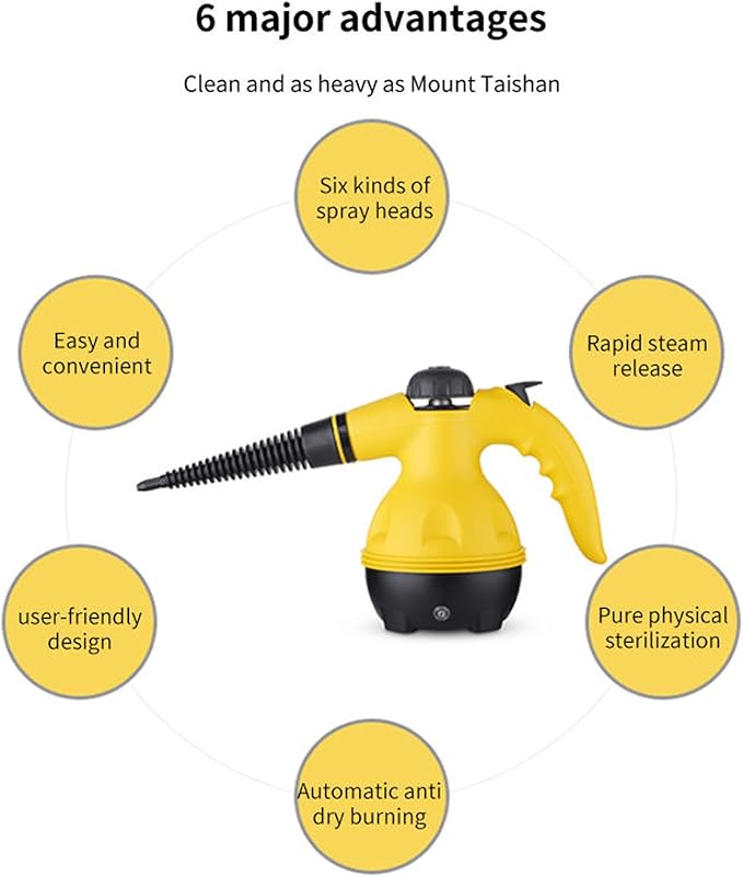Handheld Steam Cleaner Portable Steam Cleaning Machine with 1000W Power Includes 6 Spray Heads Auto Dry Burn Protection for Cleaning Car Bathroom Shower Upholstery Grout Window Grease